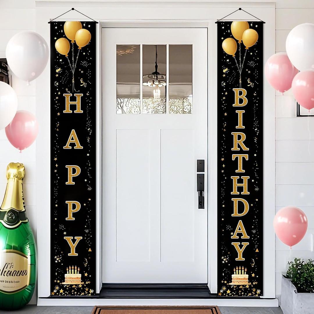 Birthday Door Banner 12x71 Inch Gold Black Happy Birthday Vertical Letters Party Door Decoration Black and Gold Birthday Welcome Porch Sign Wall Hanging Celebration Backdrop (Colorful#4)