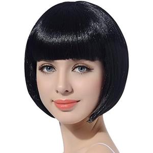 FREE BEAUTY Black Short Bob Flapper Cosplay Wig-Synthetic Costume Women's Natural Looking Halloween Party Christmas Bangs Wigs