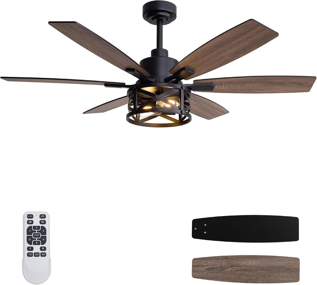 Farmhouse 52 Inch Ceiling Fan with Remote and App Control, Quiet 6-Speed Reversible DC Motor, Black Cage Design for Bedroom, Living Room, Covered Patio