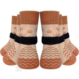 EXPAWLORER 6Pcs Anti Slip Dog Socks to Prevent Licking Paws, Dog Shoes for Winter, Double Sides Dog Boots & Paw Protectors Booties for Hardwood Floors with Grippers Small Medium Large Senior Dogs, XS (Brown)