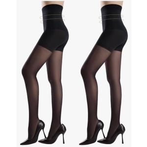 Yilanmy Women's Control Top Pantyhose Sheer Tights 30D High Waist Tummy Control Pantyhose 2 Pairs, L