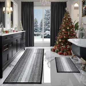 BSICPRO Bathroom Rugs and Mats Sets, 2 Piece Thick Absorbent Chenille Bath Mat Rug Set Non Slip, Soft Shaggy Bath Room Floor Mats for Bathroom, Machine Washable (Black, 20" x 60" Plus 20" x 32")