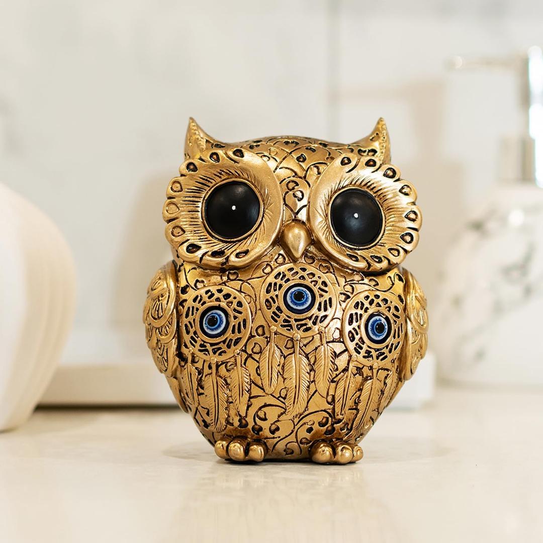 TOHLUCS Owl Statue Home Decor Accents with Evil Eye.Gold Decor for Bookshelf, Bedroom, Living Room, Office, Table and Shelf.Vintage Owl Figurines Gifts for Birds Lover.Cute Small Animal Sculptures.