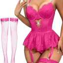 Lilosy Sexy Stocking Rhinestones Heart Garter Underwire Floral Mesh lace Sheer Babydoll Lingerie Teddy Bodysuit Skirt Set, Medium, Hotpink 