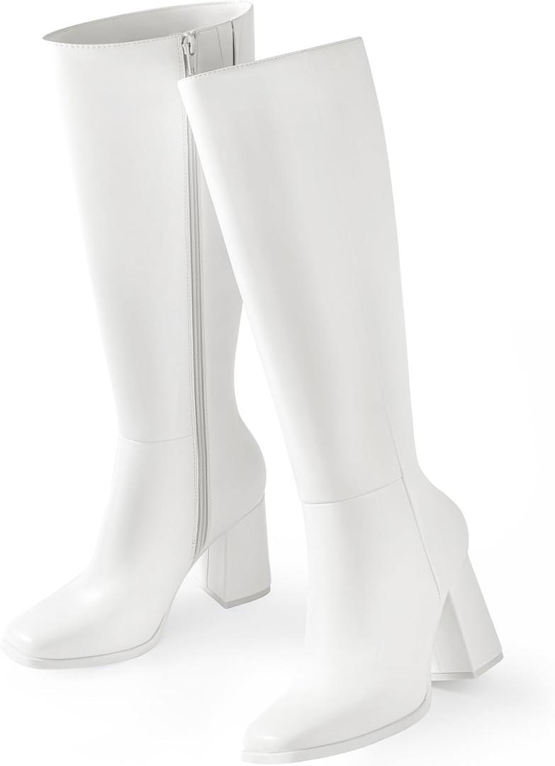 Ankis Knee High Boots for Women Squared Toe Chunky High Heel with Side Zipper Long Boots (8, White Pu)