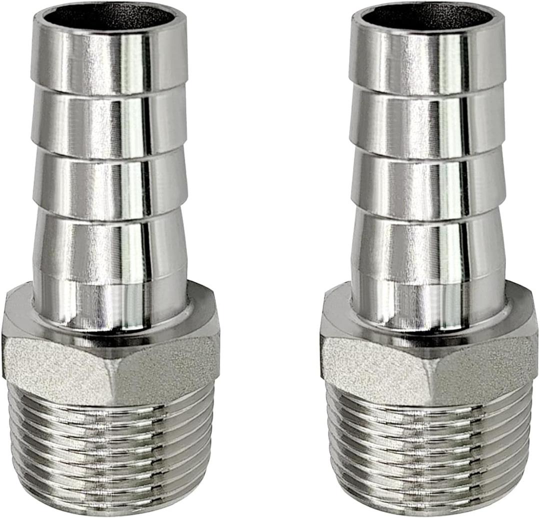 Stainless Steel Hose Barb Fitting 3/4" Hose Barb to 3/4" NPT Male Thread Connector Hex Adapter Air Water Fuel (Pack of 2)