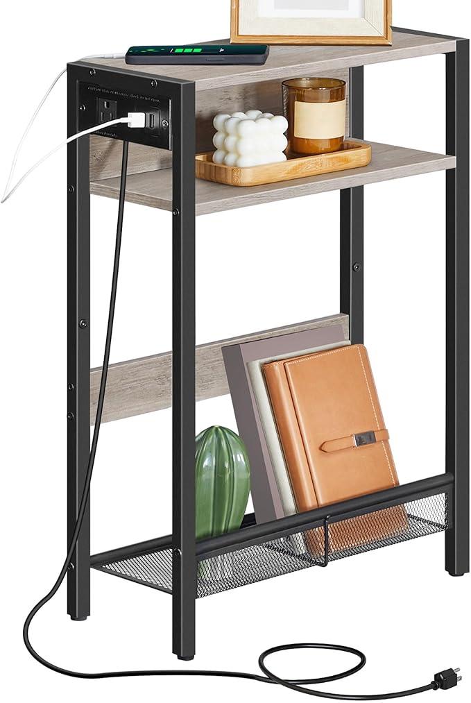 CHOEZON Narrow Side Table with Charging Station, Small End Table, Slim Nightstand for Small Spaces, Skinny Bedside Table with Storage, for Living Room, Bedroom, Rustic Brown TBZ05UBF
