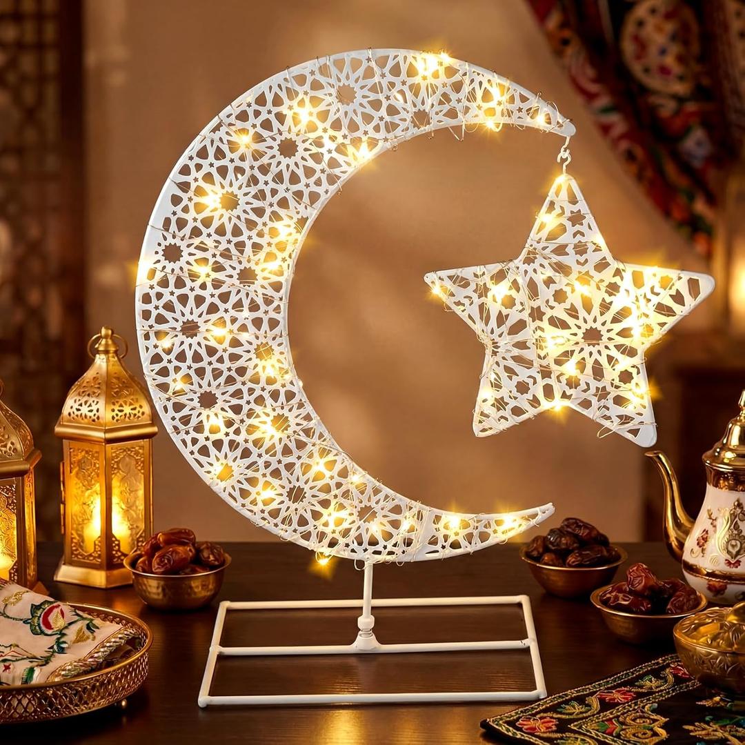 MorningRo Eid Mubarak Table Decoration Metal Ramadan Moon Star Table Decor with LED Light Metal Crescent Ramadan Kareem Desk Ornament for Home Decor Islamic Muslim Gifts