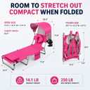 Folding Camping Lounge Chair with Canopy & Fan, Portable Reclining Camping Cot with Pillow and Side Pocket, Full Length Outdoor Chaise Lounge for Beach, Pool, Patio, Lawn(Pink)