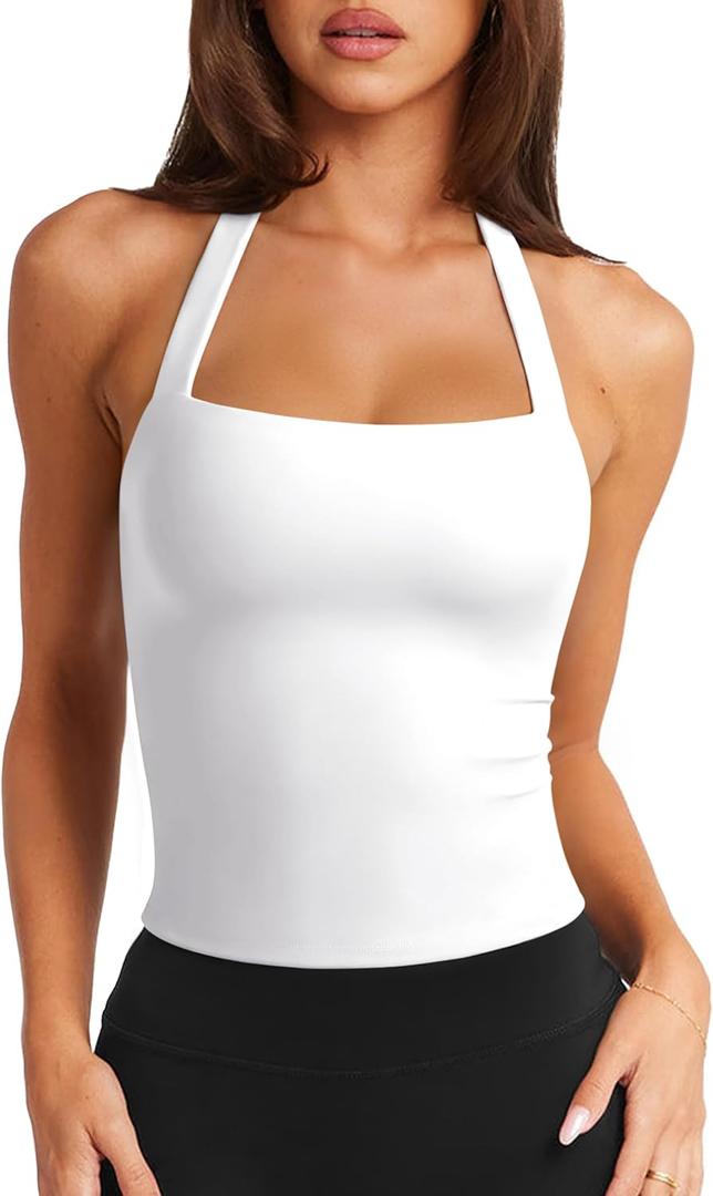 LASLULU Womens Sexy Halter Sports Bra Workout Tops Wirefree Sleeveless Gym Yoga Tank Tops Y2k Casual Crop (White, L)