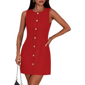 PRETTYGARDEN Work Dresses for Women 2026 Summer Business Formal Short Dress Sleeveless Button Down Elegant Office Outfits (X-Large, Red)