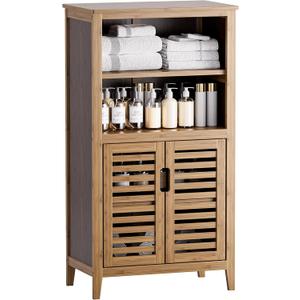 HITNET Walnut Bathroom Floor Cabinet, Bamboo Side Tall Storage Organizer, Freestanding Kitchen Cupboard with Door and Removable Shelf