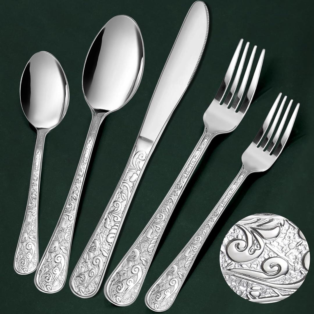 Meythway 40-Piece Vintage Carved Silverware Set for 8, Stainless Steel Flatware Set with Knife/Fork/Spoon, Cutlery Set for Home and Kitchen, Utensil Set with Dishwasher Safe