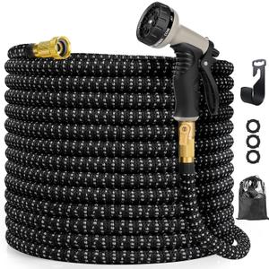 Garden Hose 100ft, Expandable Water Hose 100 feet with 10 Function Spray Nozzle, Extra Strength 3750D, Durable 4-Layers Latex Flexible Expandable Hose with 3/4" Solid Brass Fittings, Leakproof