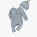 Infant Boys Girls Clothes Set Newborn Baby Romper Hat Ribbed Knit Long Sleeve Button Solid Bodysuit Jumpsuit Grey Blue 60
