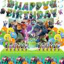 Birthday Party Decorations Set - 1 Backdrop (39" x 59"), 1 Big Topper, 1 Tablecloth, 15 Birthday Banner, 24 Cupcake Toppers, 16 Balloons, 6 Hanging Swirls - JungleThemed Game Celebration
