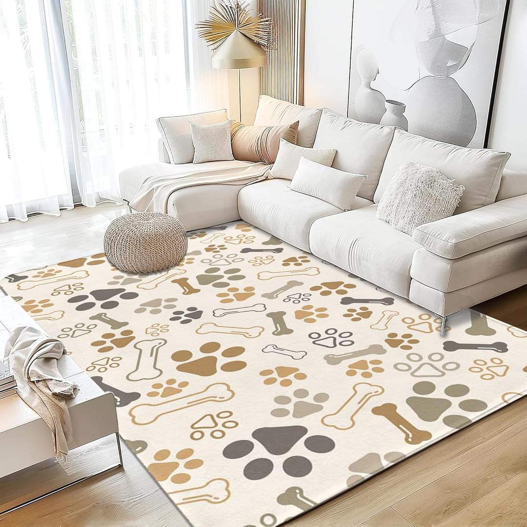 Washable Area Rug 5x7 Dog Cat Paw Print Bones Washable Large Rugs for Living Room Non-Slip Soft Low Pile Carpet Rug for Bedroom Bedside Dining Room Nursery