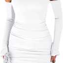 GOKATOSAU Women's Off The Shoulder Long Sleeve 3D Flower Ruffle Hem Bodycon Party Mini Dress White (Small, White)