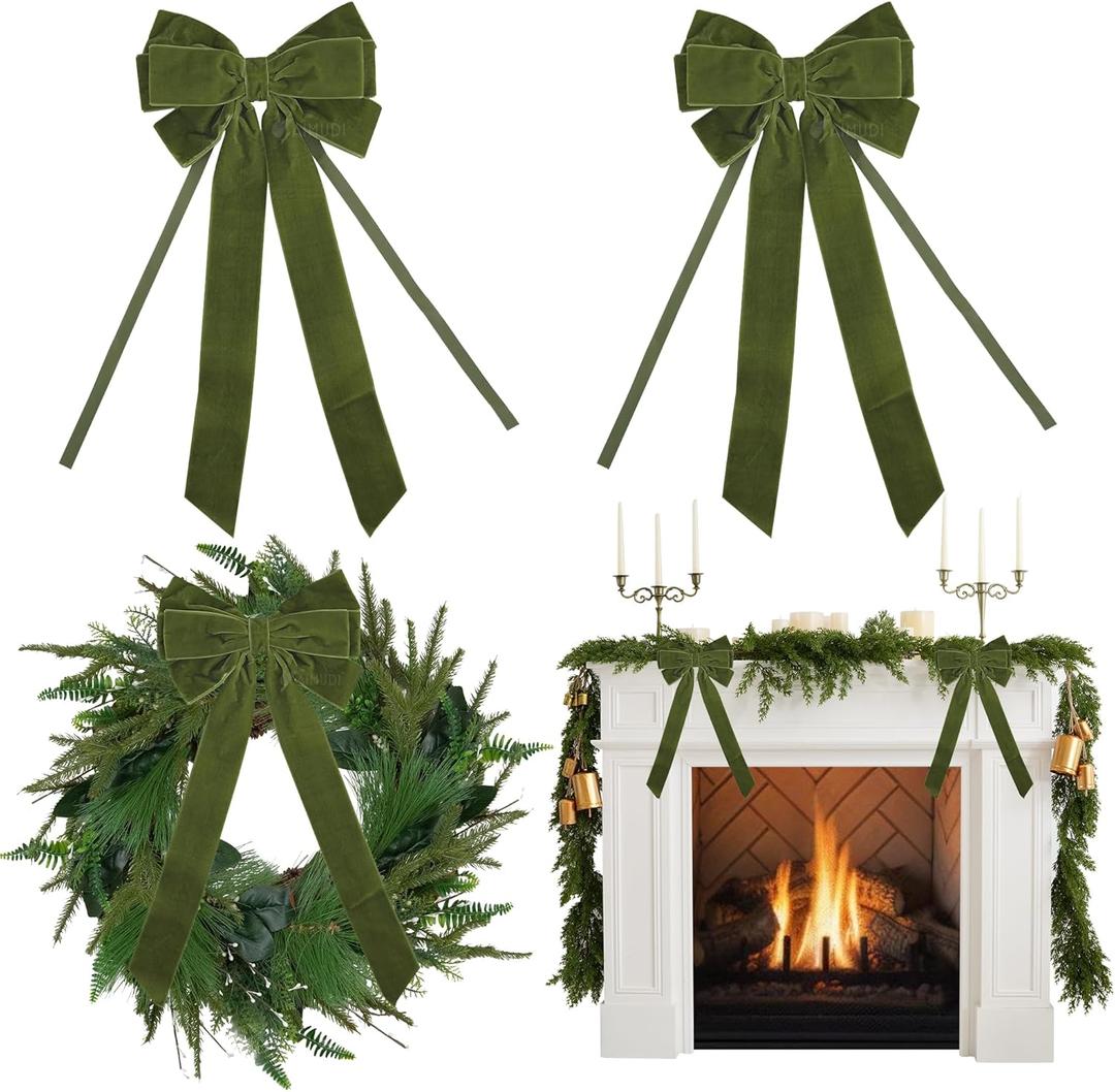 AIMUDI Moss Green Velvet Bows - 6.5" x 15" for Gift Wrapping, Christmas Tree, Wreath, Garland, Staircase, Home Outdoor Winter Decorations - 2 PCs