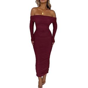 PRETTYGARDEN Women's Fall Off Shoulder Maxi Bodycon Dress Long Sleeve Ruched Fitted Club Dresses with Slit (WineRed,Small)