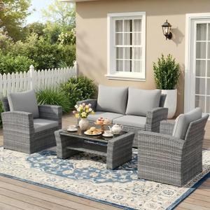 Wisteria Lane Patio Furniture Set, Wicker Outside Outdoor Furniture for All Weather, Patio Sofa with High Backrest Support and Wide Armrest for Backyard, Balcony, Deck, Porch, Ash Gray (4)