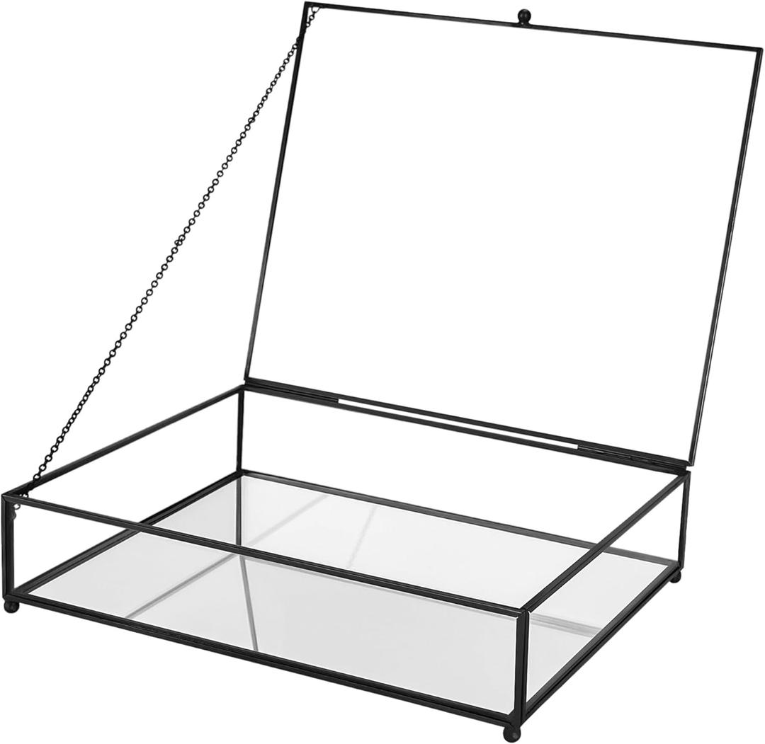 Large Glass Boxes for Display Handmade, Mirrored Bottom, Glass Jewelry Trinket Box with Lid, for Book, Photo, Keepsake Organizer, Display Case for Vanity Decor Home Dresser, Black (Low: 10.4"L  8.5"W  2.6"H)