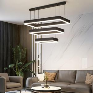 Modern Chandeliers for Living Dining Room, 3-Ring Rectangular LED Chandelier Light Fixture with Remote Control Dimming, Hanging Pendant Light with Adjustable Height, Black (15.7+23.6+31.4in)