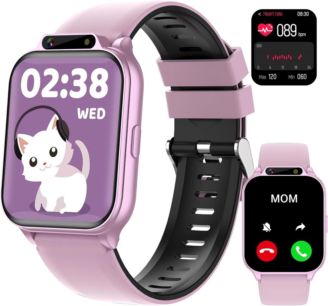 Kids Waterproof Smart Watch Girls with Fitness Tracker Sports Activity Pedometer Heartrate SpO2 Stress Monitor Flashlight APP HD Touch Screen Camera Games Music for 4-13 Year Old Girls Gifts for Kids (Pink)