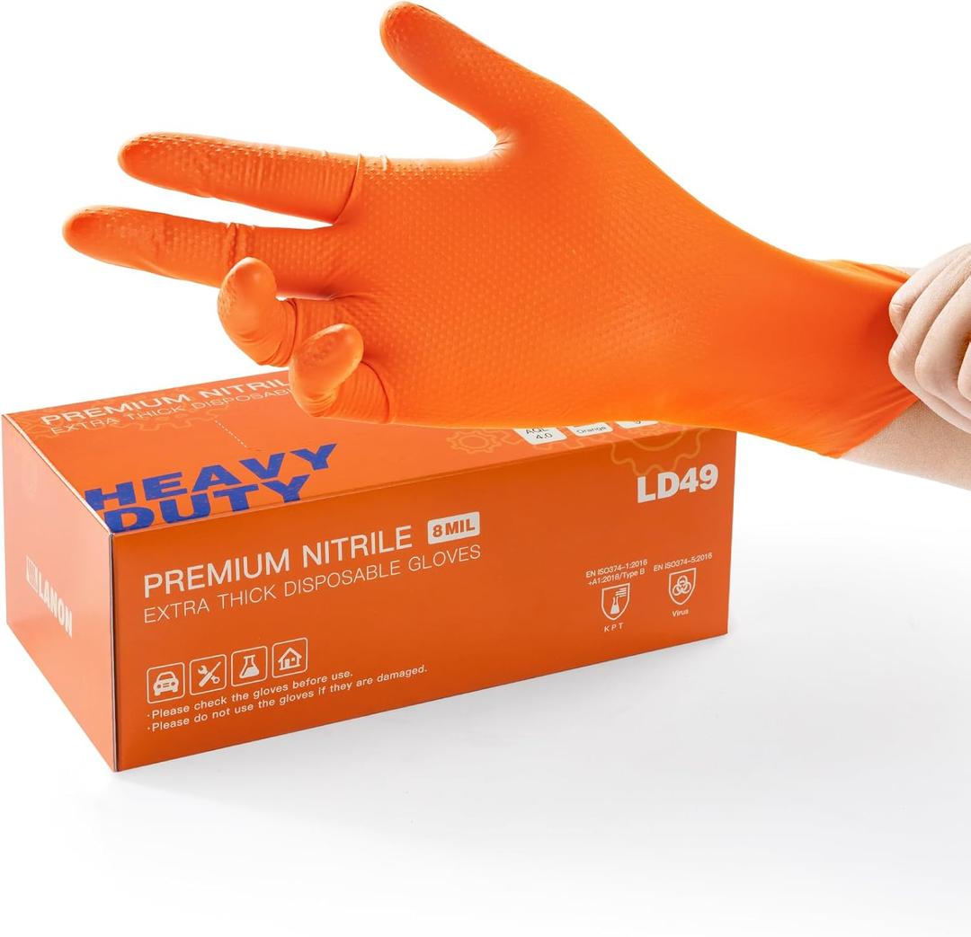 LANON 8mil Orange Disposable Nitrile Gloves, Mechanic, Heavy Duty, Food Safe, Latex Free, Powder Free, Fully-Diamond Textured, Large
