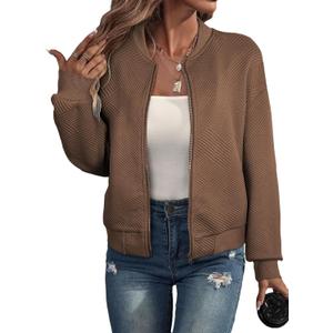 EVALESS Womens Bomber Jacket Coat Casual Stand Collar Zip Up Lightweight Fall Fashion Jackets Outfits with Pockets (Small, Brown)