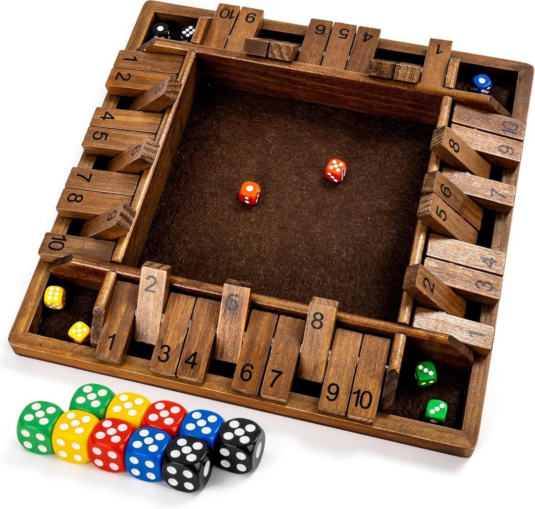 ropoda 14 Inches 4-Way Shut The Box Game (2-4 Players) for Kids & Adults (4 Sided Large Shut The Board Game Wooden, 8 Dice)  Vintage Style,Close The Box Game,dice Game