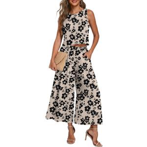 Lepunuo Womens Summer 2 Piece Outfits Sleeveless Crop Top Flowy Wide Leg Pants Matching Sets Vacation Beach Travel Outfits (Beige, L)
