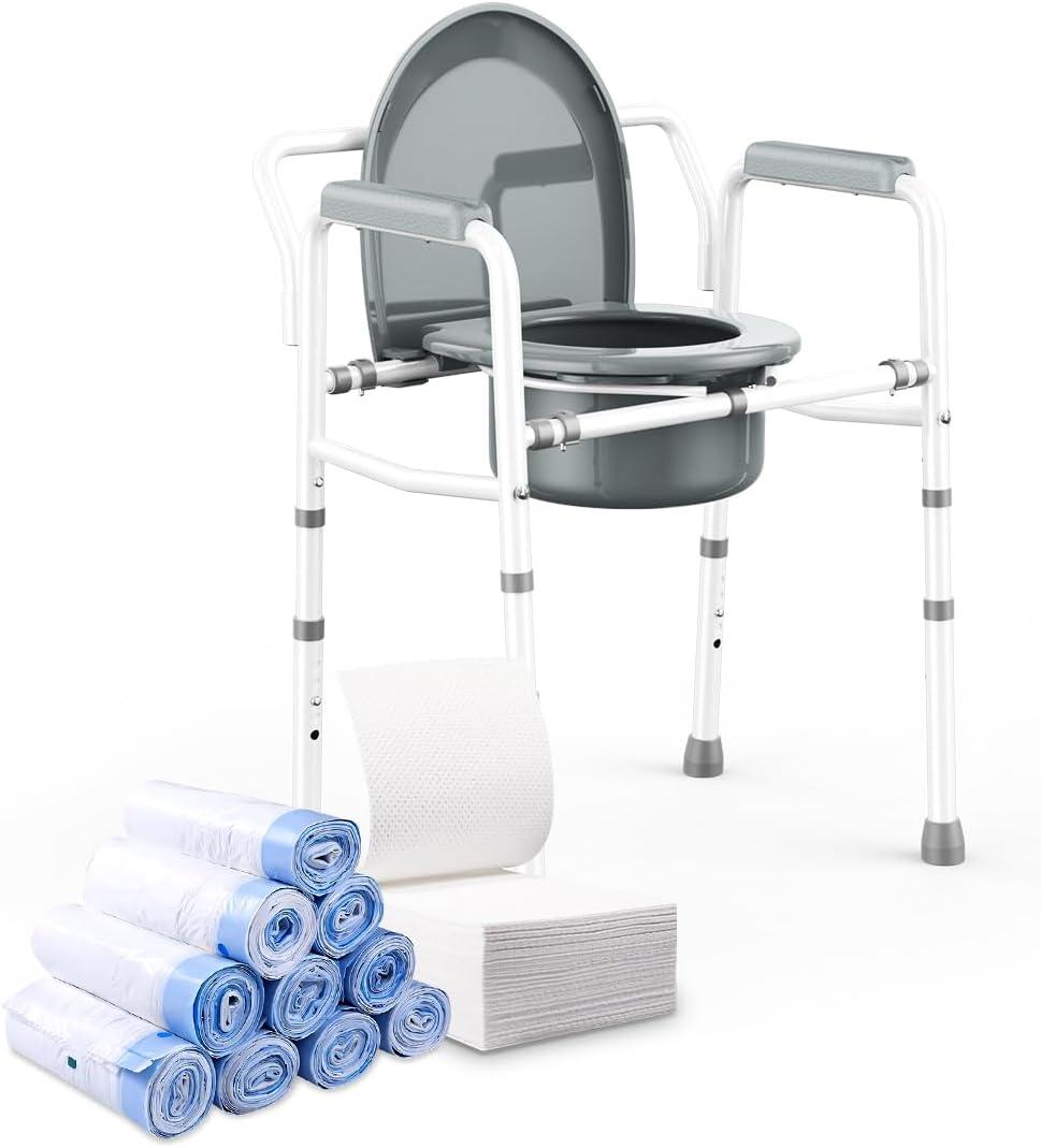 3 in 1 Bedside Commode with Arms 350 lbs + 50 Pack Commode Liners with Super Absorbent Pads, Adults Commode Chair 6QT Bucket with Lid Included, Easy Cleaning, Tool-Free Assembly