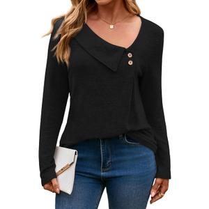 Yousify Womens Asymmetric V Neck Shirts Long Sleeve Fall Dressy Casual Button Down Tunic Tops Business Loose Fit Blouses (X-Large, Black)