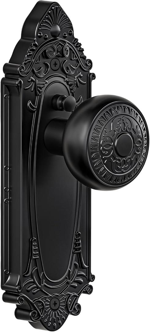 Matte Black Door Knob Privacy Bedroom Bathroom with Lock, Vintage Interior Door Handle with Plate for Hallway, Closet, Farmhouse Style(1 Pack)