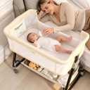 Baby Bassinets Bedside Sleeper with Wheels and Mattress, Cosleeping Baby Bed with Storage, Co-Sleeper Bassinet Attach to Bed, Bed Side Crib with Breathable Mesh, Height Adjustable (Beige), 35.4‘’L*21.7''W*28''-32.7''H
