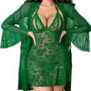 Avidlove Women Sexy Lingerie Set 3 Piece Mesh Kimono Robe with Lace Babydoll Sleepwear Halter Lingerie Nightgown (Small, Green)