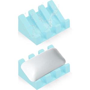 Silicone Soap Dish for Bar Soap Holder for Shower Bathroom Self Draining Waterfall Drying Tray Keep Soap Bars Dry Clean & Easy Cleaning (Sky Blue,2)