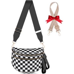 Bum Bags for Women Checkered Crossbody Bag Large Nylon Belt Purse Fanny Packs, Bonus with a Extra Strap (Black and White Checkered(No Wallet))
