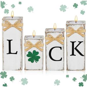 4 Pcs St. Patrick's Day Votive Candle Holders Shamrock Table Decoration St. Patrick's Day Wooden Shamrock Candle Centerpieces Luck Tea Light Holders for Irish Home Office Party