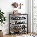 INGIORDAR Shoe Rack Organizer 5 Tier Metal Organizer Shelf with Industrial MDF Board and Layer Fabric for Entryway Closet Bedroom Living Room Garage,Black & Rustic Brown (Black+Rustic Brown, 5 Tier)