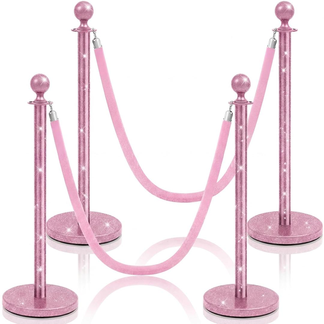 Ferraycle 4 Pcs Stainless Steel Stanchions Post Queue 38 Inch, 5 ft Velvet Carpet Ropes and Pole, Control Barriers for Wedding Birthday Party Decoration Sand Injection Hollow Base Set (Glitter Pink)