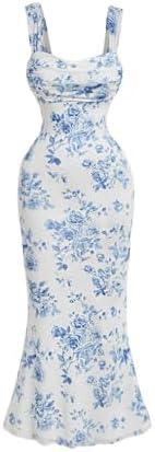 GORGLITTER Women's Floral Ruched Bodycon Summer Wedding Guest Dress Mesh Fishtail Cocktail Midi Sun Dresses 2025 Small