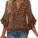 Bebonnie Womens Tops Dressy Casual Ruffle 3/4 Sleeve Henley V Neck Chiffon Blouses with Buttons (Brown, XL)