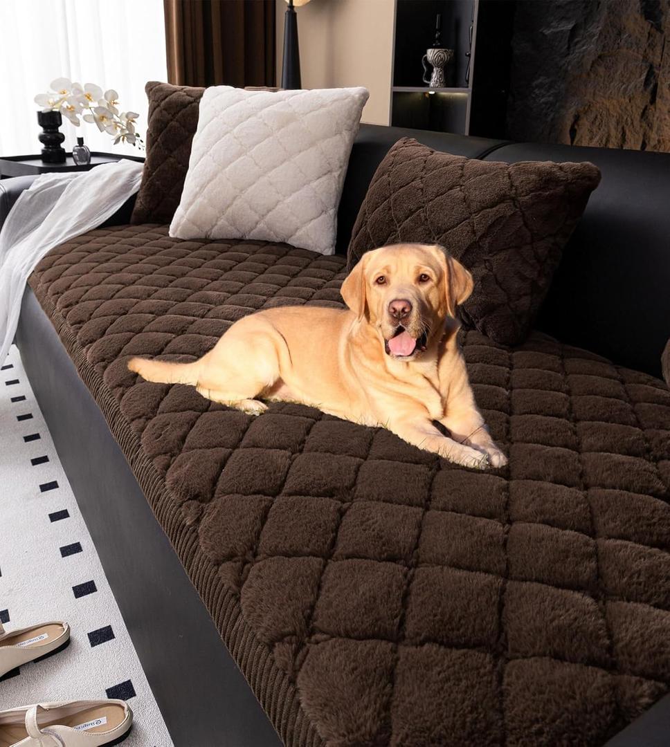 vctops Faux Fur Couch Cover for Dogs Fuzzy Pet Couch Covers for Sofa Checkered Dog Couch Covers for 3 Cushion Couch Sofa Pet Friendly Non Slip Sofa Cover Pet Blanket (Coffee,28"x82")