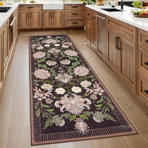 GarveeHome Plum Pink Floral Botanical 2.5x8 Washable Kitchen Runner Rugs Non Slip Black Purple Vintage Boho Cottage Long Rug for Hallways Bedroom Entryway Bathroom Mat with Rubber Back