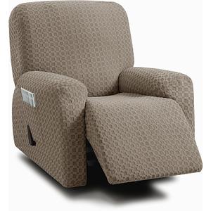 ULTICOR 4-Piece, 1 Seat Recliner Cover, Jacquared Stretch Reclining Chair Covers for 1 Cushion Reclining Sofa, Single Seat Recliner Couch Cover, Thick, Very Soft, Machine Washable (Style 2) (Taupe)
