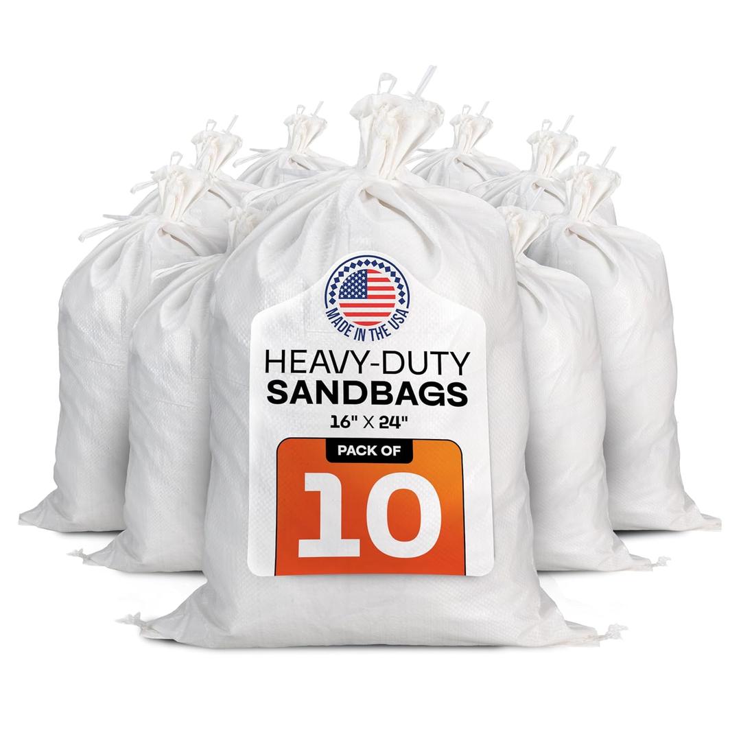 White Sand Bags 16"x24", 10-Pack - USA-Made Havy-Duty Sand Bags for Flood Protection, Construction & Erosion Control with 50 lbs Capacity - Empty & Reusable Woven Polypropylene Sacks by IDL Packaging, Pack of 10