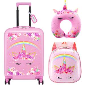 Sanwuta 4 Pcs Kids Luggage Set Carry On Rolling Suitcase Backpack Neck Pillow Travel Set Gift for Girls Boys Summer Camp(17 Inch,Unicorn Rainbow Style,Pink)