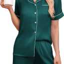 KCW Pajamas for Women Set 2 Piece Silk Satin Lounge Sets Short Sleeve Top and Shorts Pj Set Button Down Sleepwear (Medium, Bright Teal Blue)